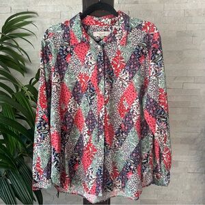 LOFT Mixed Print Multicolor Patchwork Button Down Top Size L